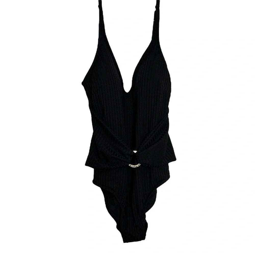 Michael Michael Kors One Piece Swimsuit Black Ribbed Size 10 Waist Sash Logo NWT